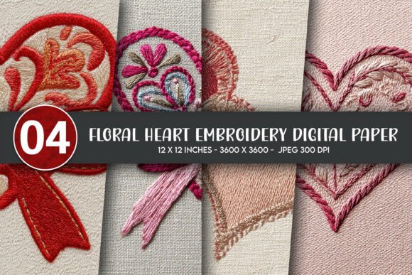 Download Floral Heart Embroidery Digital Paper - Heart embroidery Collection