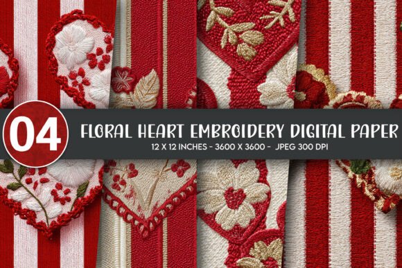 Download Floral Heart Embroidery Digital Paper - Heart embroidery Collection