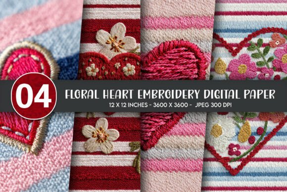 Download Floral Heart Embroidery Digital Paper - Heart embroidery Collection